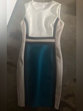 Calvin Klein White, Teal & Black Colorblock Midi Sheath Dress